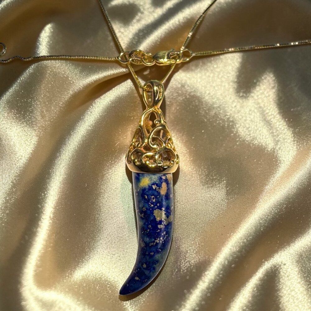10K Gold - Lapis Lazuli & Diamond Tusk Necklace -20"- Ornate Filigree  -5.4g - Picture 5 of 16
